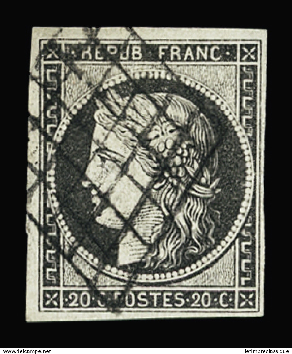 Obl N°3c 20c Gris-noir Sur Blanc, Obl. Grille, Jolies Marges, TB - 1849-1850 Cérès