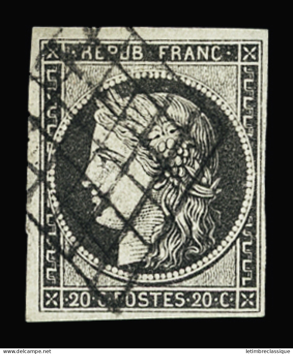 Obl N°3c 20c Gris-noir Sur Blanc, Obl. Grille, Jolies Marges, TB - 1849-1850 Ceres