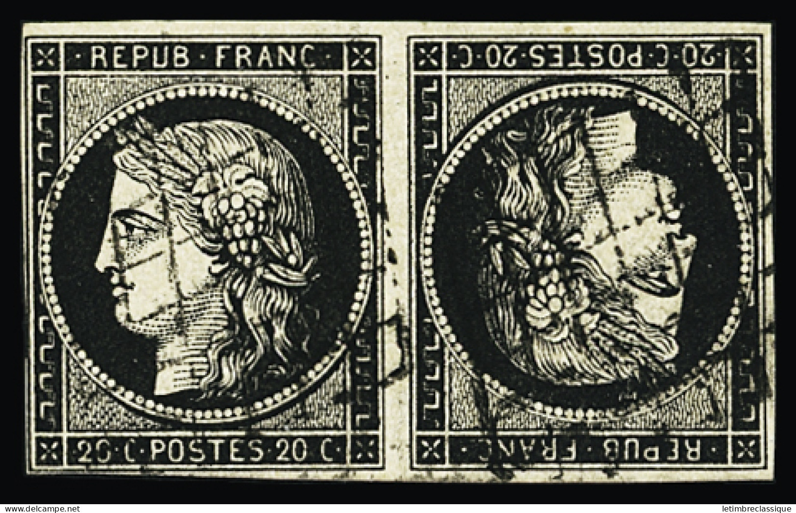 Obl N°3e 20c Noir Sur Blanc En Paire Tête-bêche, Obl. Grille, Filet Effleuré En Un Point Sinon TB. Cert. Calves - 1849-1850 Ceres