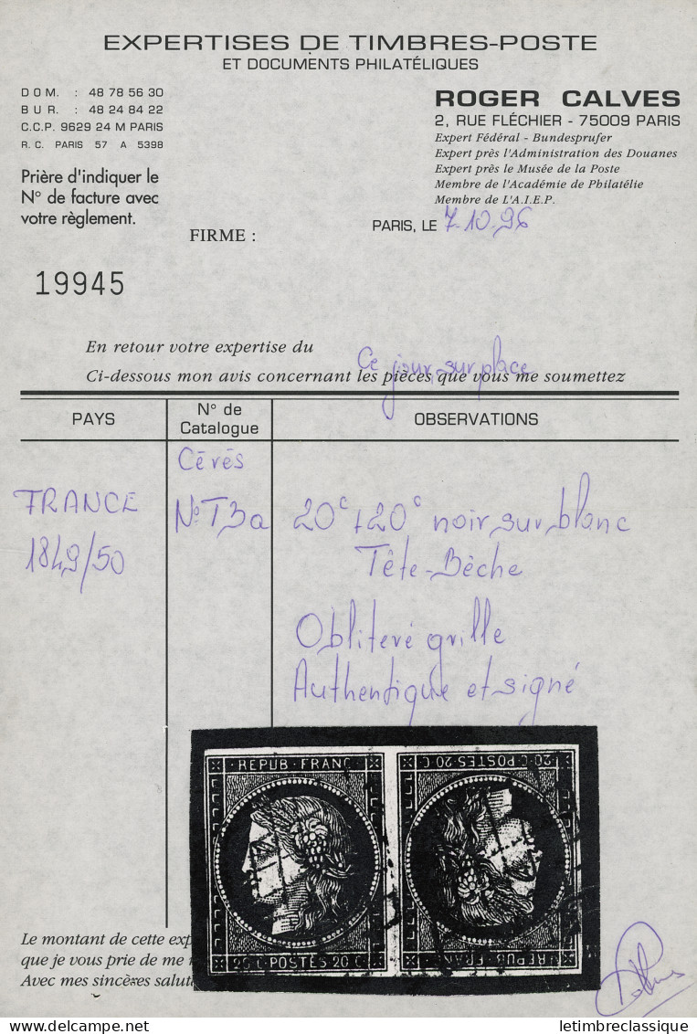Obl N°3e 20c Noir Sur Blanc En Paire Tête-bêche, Obl. Grille, Filet Effleuré En Un Point Sinon TB. Cert. Calves - 1849-1850 Ceres