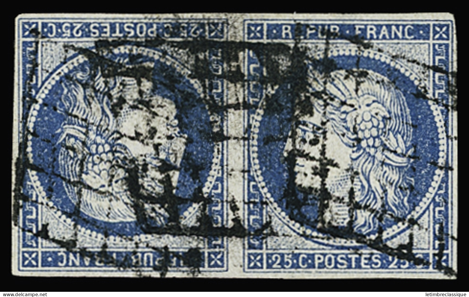 Obl N°4c 25c Bleu En Paire Tête-bêche, Obl. Grille, Léger Pelurage De Charnière, TB D'aspect. Signé Calves - 1849-1850 Ceres
