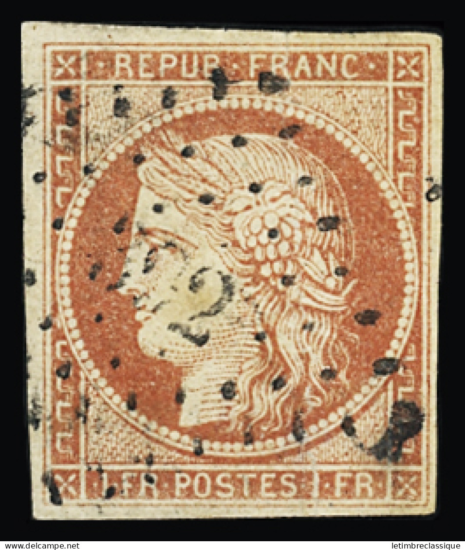 Obl N°7 1f Vermillon Avec Rarissime Oblitération Petits Chiffres De Gentilly (Seine), Un Infime Pelurage, Superbe Et Trè - 1849-1850 Cérès