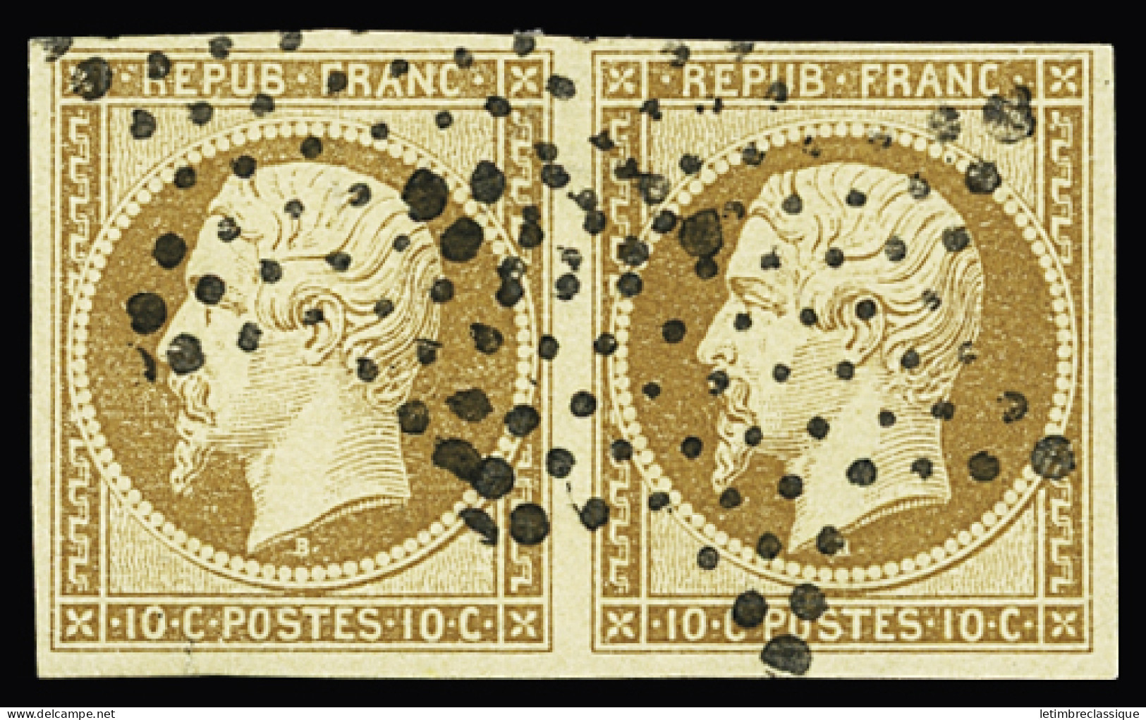 Obl N°9 10c Bistre-jaune, En Paire Bien Margée, Obl. étoile Pleine Du Bureau Central, TTB. Signé Calves - 1852 Louis-Napoléon