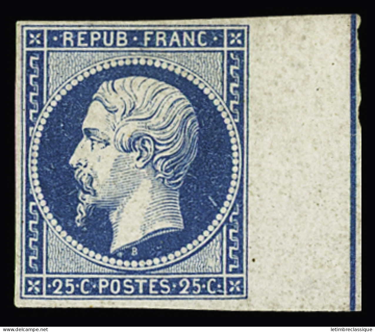 Obl N°10b 25c Bleu Avec Filet D'encadrement Sur Bord De Feuille, Neuf Sans Gomme, TB, RR. Cert. Baudot - 1852 Louis-Napoléon