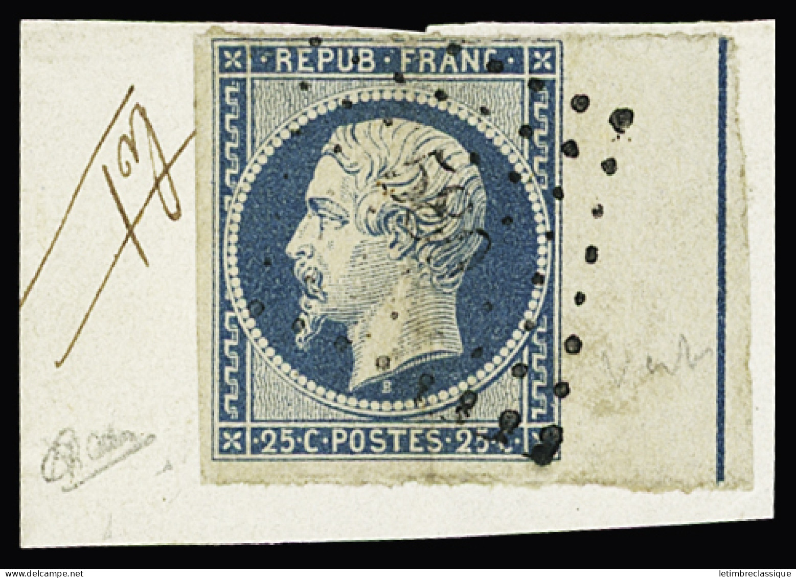 Obl, Sur Fragment N°10b 25c Bleu, Bdf Avec Filet D'encadrement, Obl. PC 580 De Cahors (Lot), Au Filet En Haut, B/TB, R.  - 1852 Luis-Napoléon