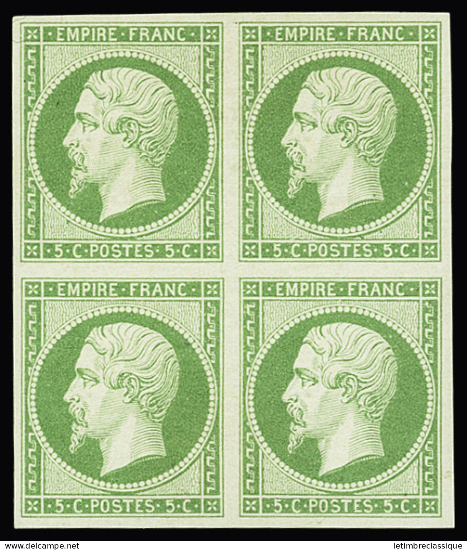 Bloc De 4,* N°12 5c Vert En Bloc De 4, Légère Charnière, TTB, R. Cert. JF.Brun - 1853-1860 Napoléon III.