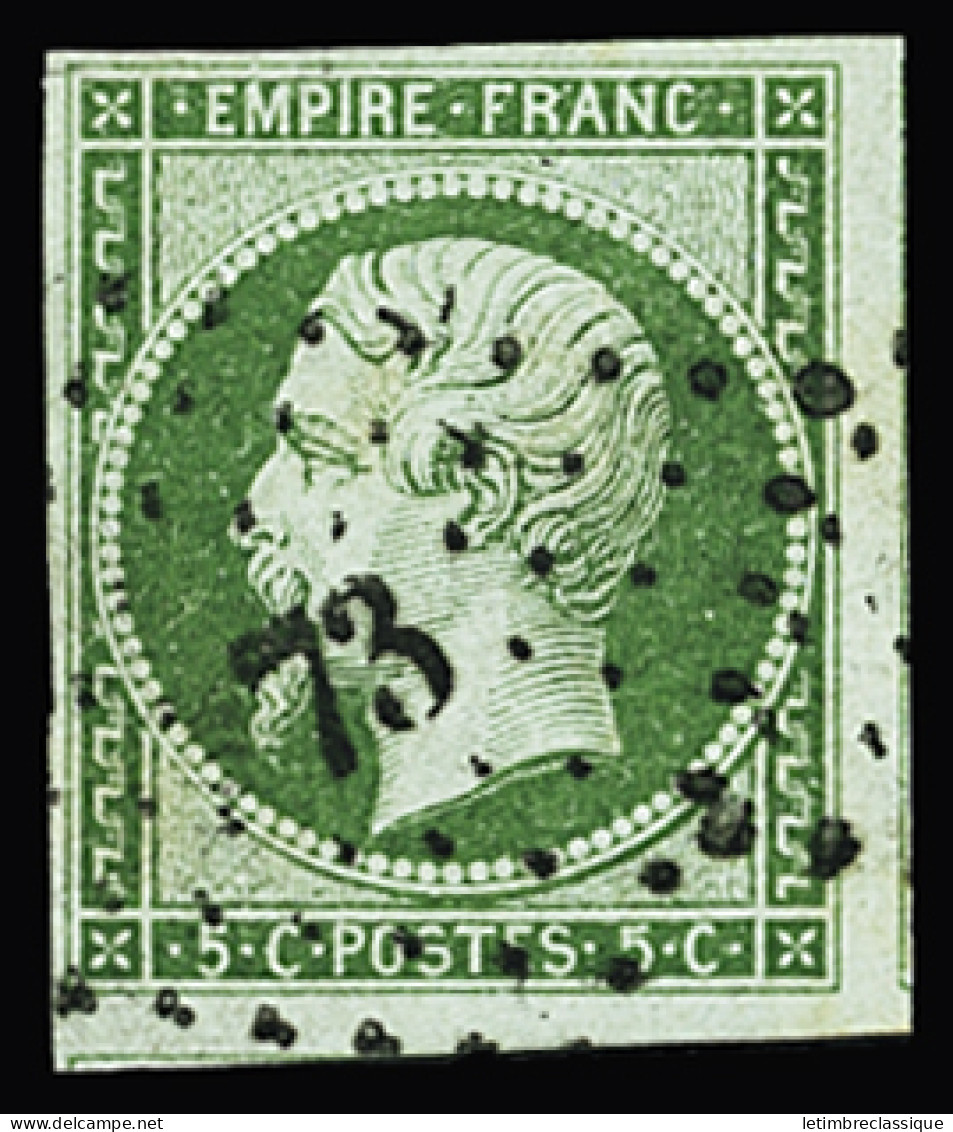 Obl N°12 5c Vert, Bien Margé Avec Voisins à Droite Et En Bas, Obl. PC 73 Des Andelys (Eure), TB. Signé Calves - 1853-1860 Napoléon III