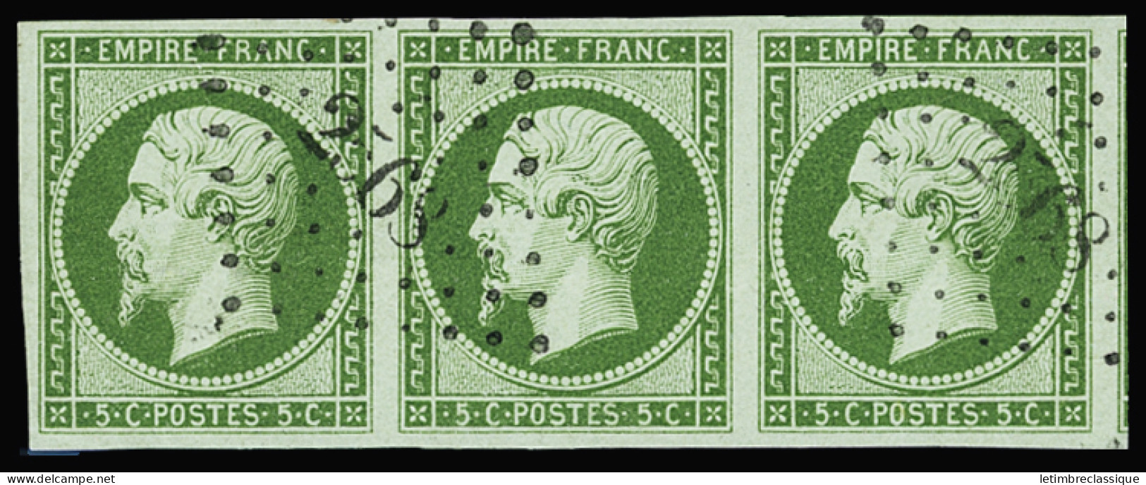 Obl N°12a 5c Vert-jaune En Bande De 3 Avec Voisin, Obl. PC 2568 (Prades, Pyrénées-Orientales), SUP - 1853-1860 Napoléon III.