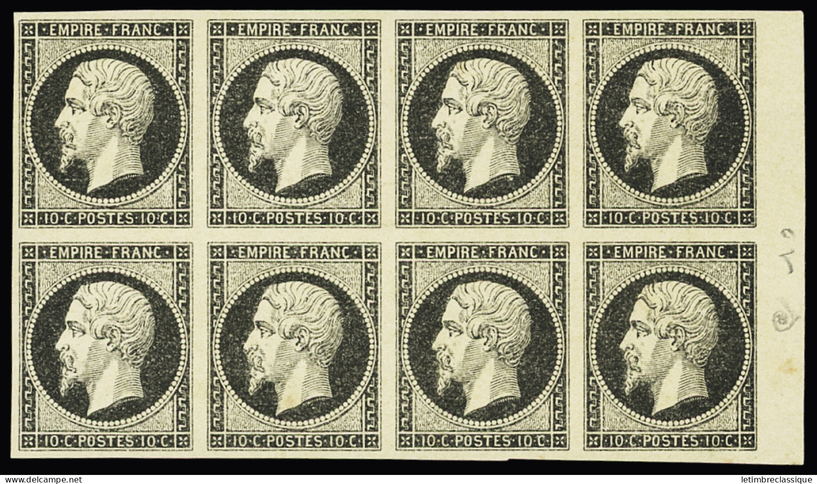 Essai,**,* N°13A 10c Type I, Essai En Noir En Bloc De 8 Sur Papier Gommé, 2 Timbres Avec Trace De Charnière Et 1 Timbre - 1853-1860 Napoléon III.