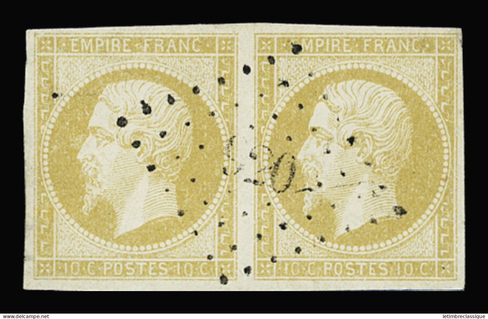 Obl N°13Al 10c Citron Impression Défectueuse De 1857 En Paire, Obl. PC 520 (Briançon, Hautes-Alpes), TB. Signé A. Brun - 1853-1860 Napoléon III.