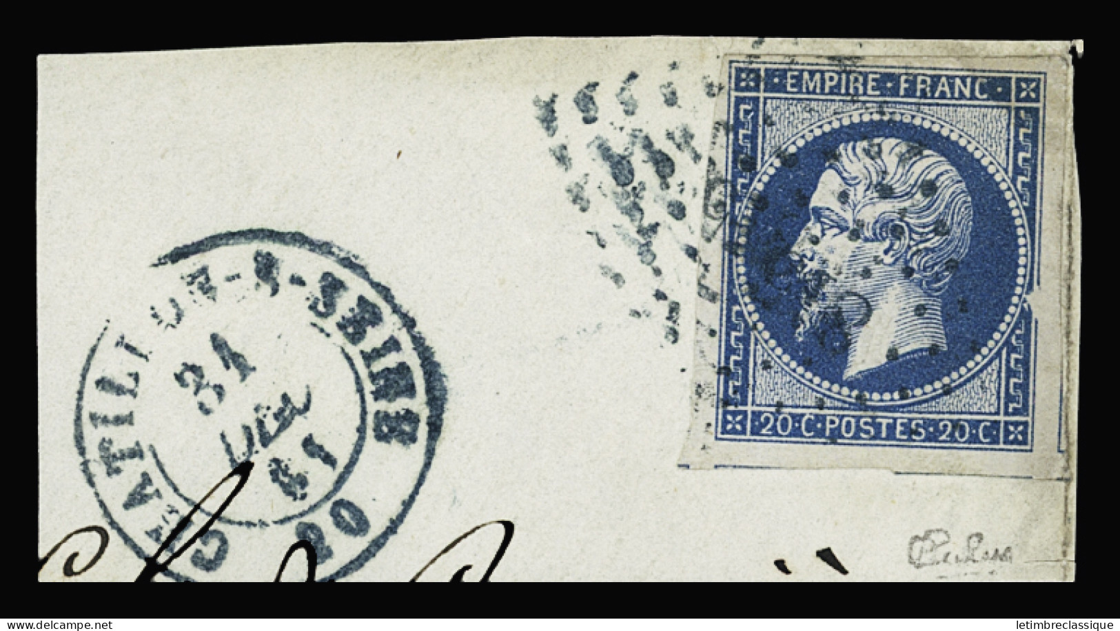 Sur Fragment,(*) N°14A 20c Bleu Avec Variété Sur Le Filet Droit, Obl. PC Bleu 815 (Châtillon-sur-Seine, Côte D'or) Avec  - 1853-1860 Napoléon III