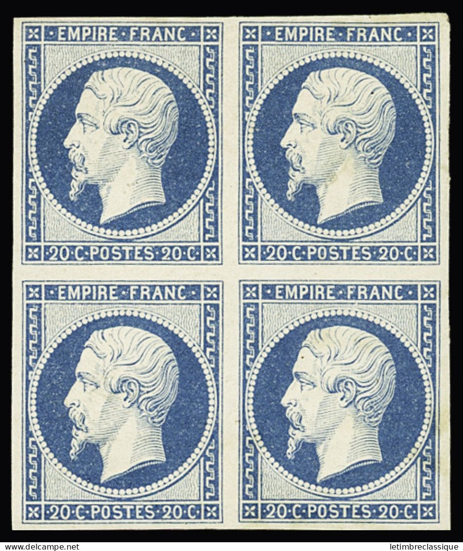 Bloc De 4,* N°14Af 20c Bleu Laiteux Type I En Bloc De 4, Neuf Avec Gomme Partielle, TB, R. Cert. JF.Brun - 1853-1860 Napoleon III