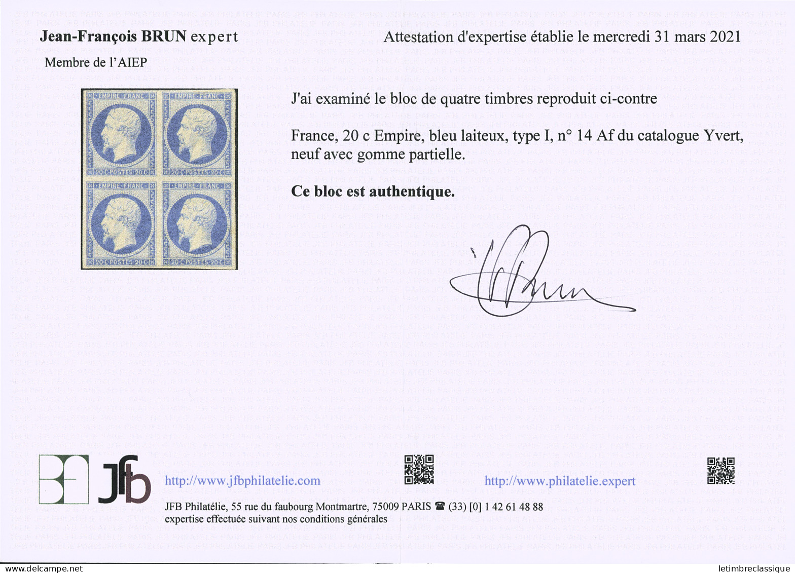 Bloc De 4,* N°14Af 20c Bleu Laiteux Type I En Bloc De 4, Neuf Avec Gomme Partielle, TB, R. Cert. JF.Brun - 1853-1860 Napoléon III