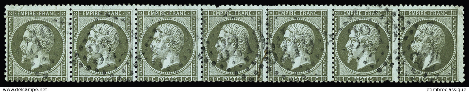 Obl N°19 1c Vert-olive En Rare Bande De 8 Obl. GC 3219 De Rouen (Seine Inférieure), Défauts De Dentelure Sinon TB, R - 1862 Napoleon III