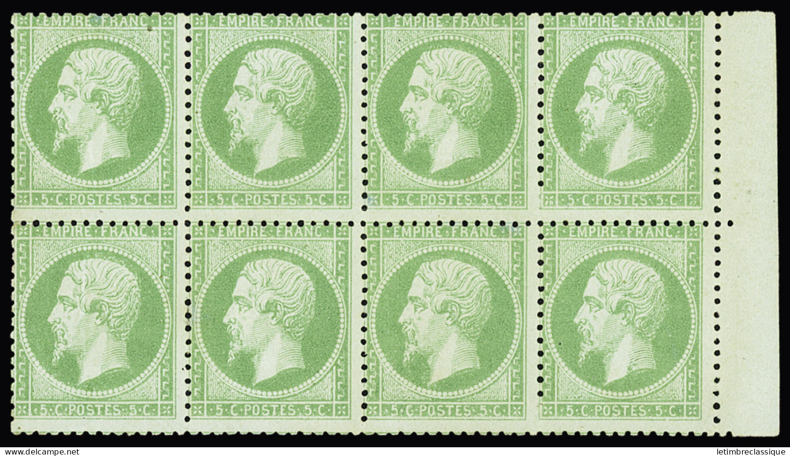 Bloc De 4,** N°20 5c Vert En Exceptionnel Bloc De 8 Bdf, Variété Deux Dents Non Perforées Sur Les Exemplaires De Droite, - 1862 Napoléon III.