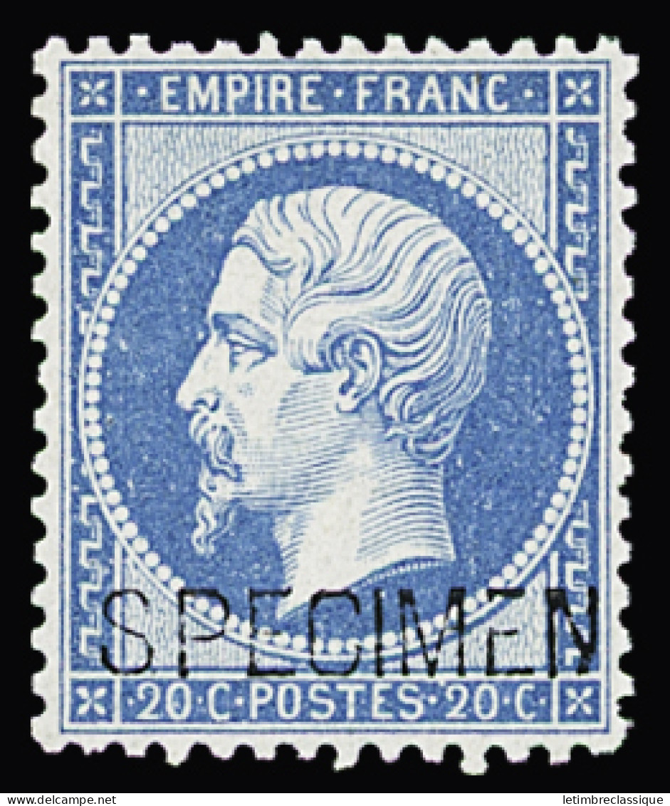 ** N°22d 20c Bleu Surchargé SPECIMEN, Bien Centré, Neuf **, Très Frais, TB. Signé A.Brun, Calves (cote Pour *) - 1862 Napoléon III