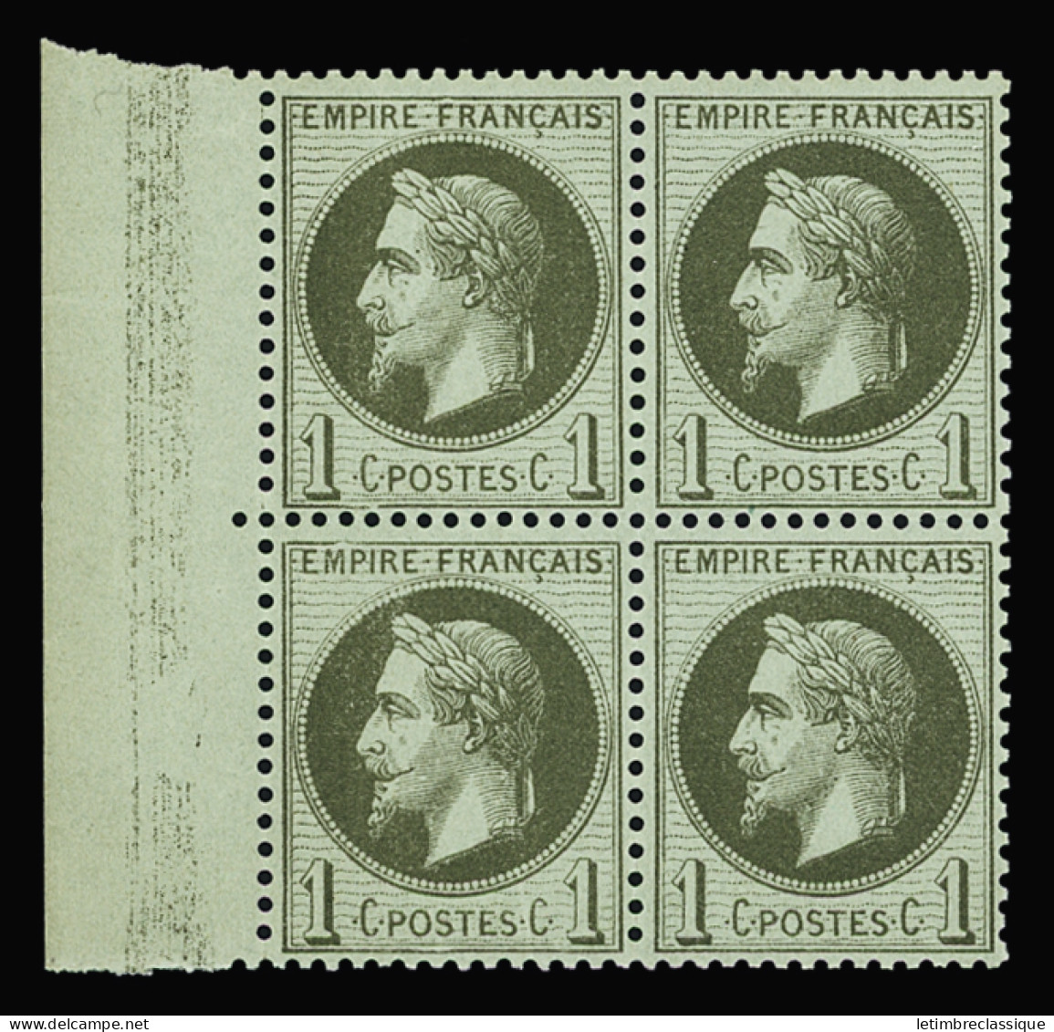 Bloc De 4,** N°25 1c Vert-bronze En Bloc De 4 Avec Bdf, Neuf **, Froissure De Gomme Sur 2 Ex., Très Frais, TB (cote *) - 1863-1870 Napoléon III Con Laureles