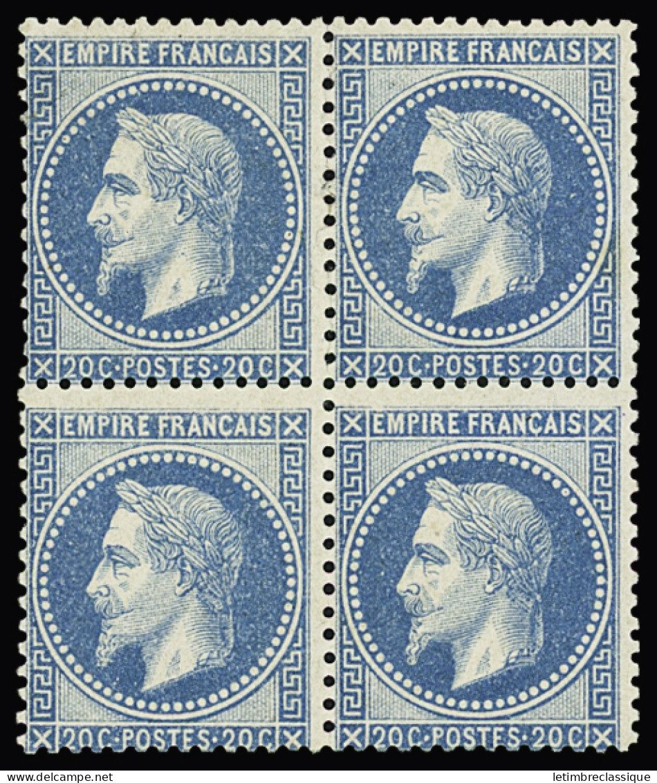 Bloc De 4,**,* N°29B 20c Bleu, En Bloc De 4 Neuf, Paire Du Bas Sans Charnière, Aminci Sous Charnière, Pli D'angle, TB. S - 1863-1870 Napoléon III. Laure
