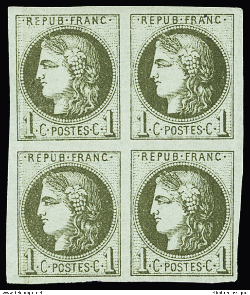 Bloc De 4,(*) N°39Ac 1c Olive Report 1, 2ème état, En Bloc De 4, Aminci Sur Un Exemplaire, Nsg, TB (cote Pour 3 Timbres) - 1870 Ausgabe Bordeaux