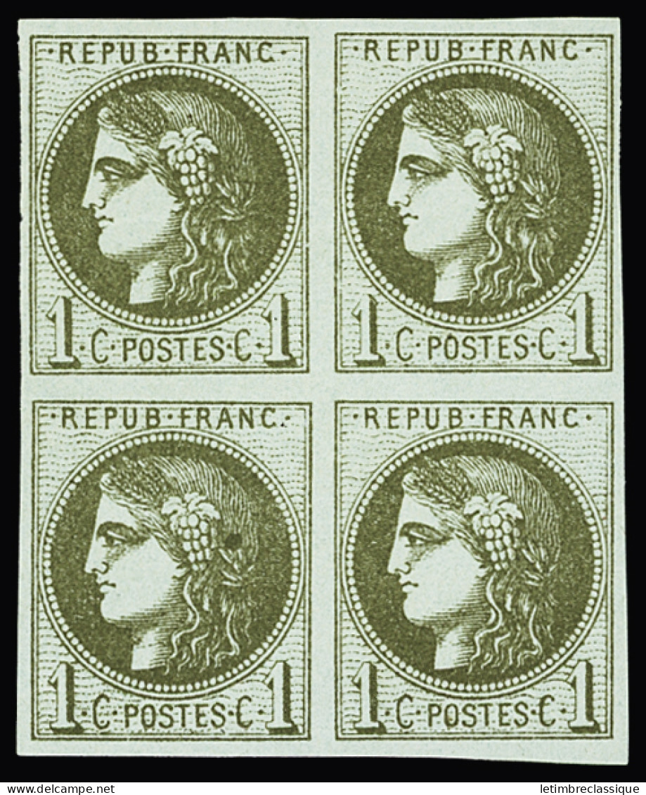 Bloc De 4,**,* N°39C 1c Vert-olive Report 3 En Bloc De 4 Neuf * (** Pour Deux Ex.), Variété Tache D'encre Dans La Chevel - 1870 Uitgave Van Bordeaux