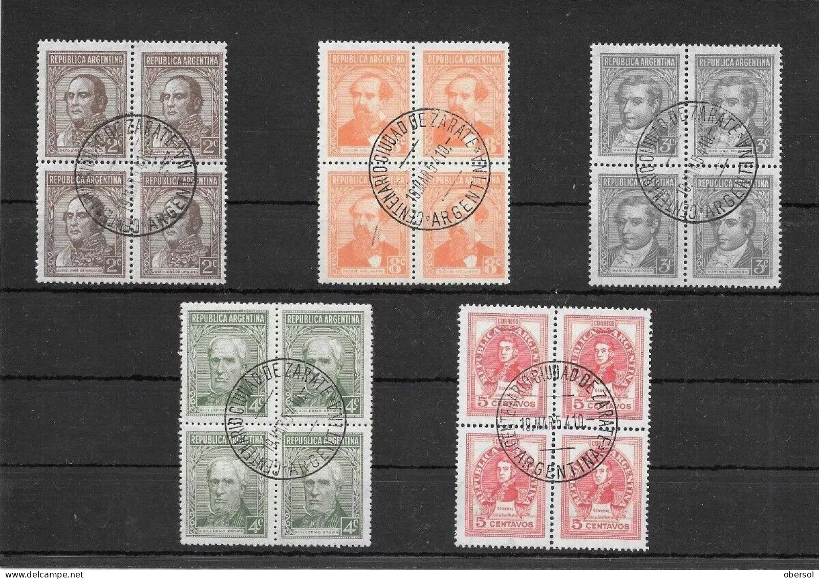Argentina Foundation Of The City Of Zarate Cancel 5 Proceres & Riquezas Blocks Of Four - Used Stamps