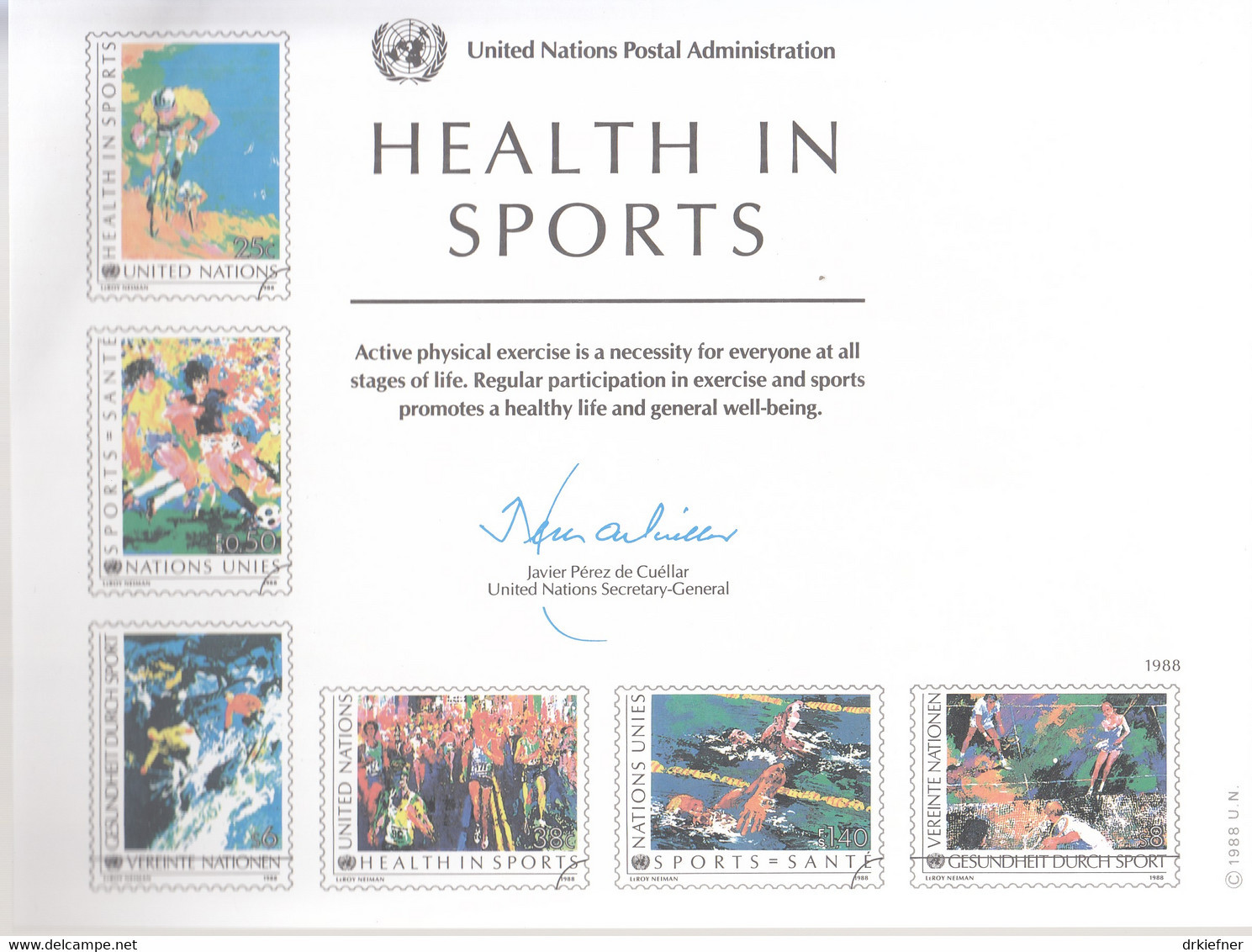 UNO NEW YORK, Erinnerungskarte Nr 34, Gesundheit Durch Sport 1988 - Covers & Documents