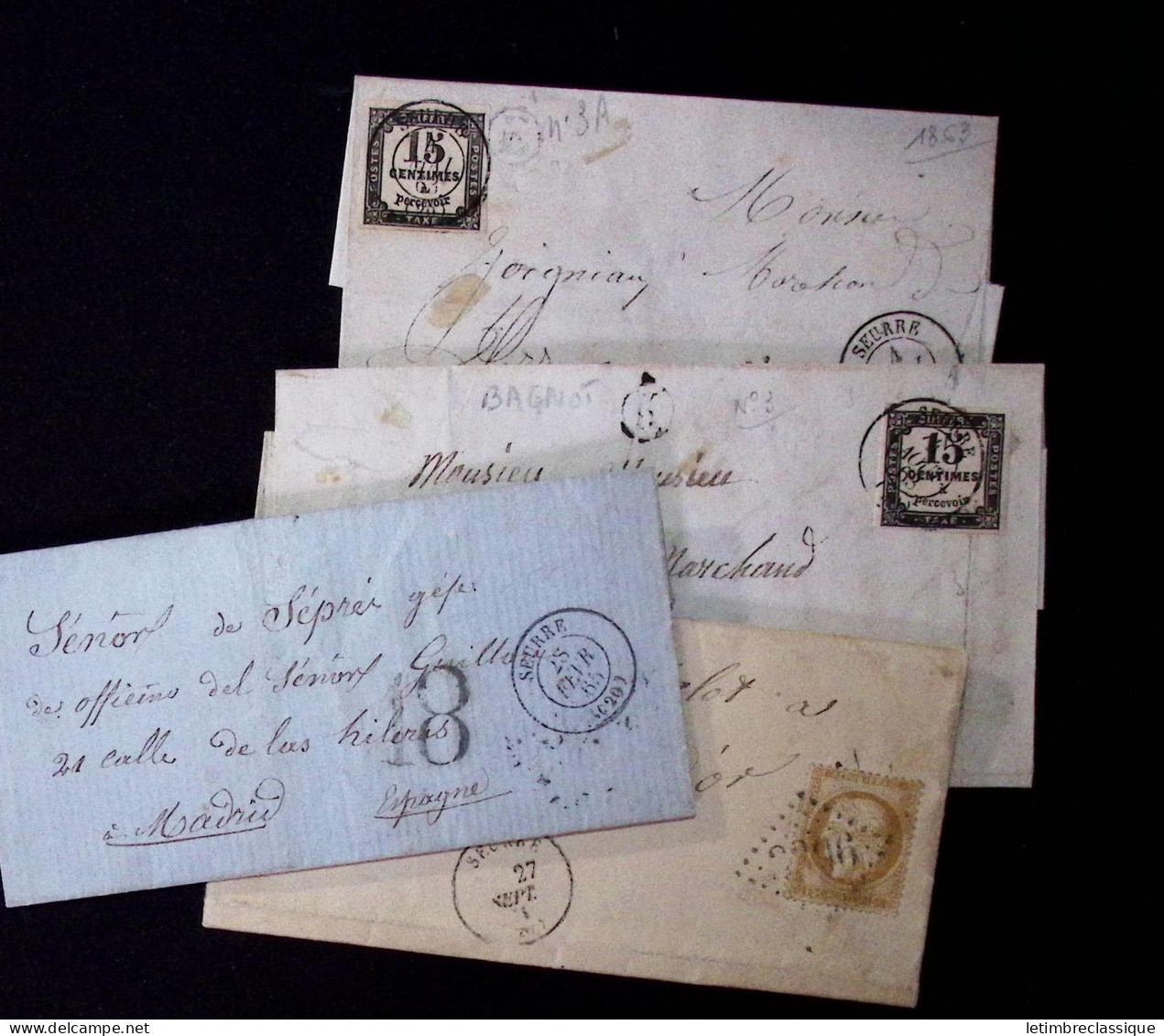 Lettre COTE d'OR : 52 lettres dont N°1 10c bistre-jaune, OBL grille + cursive "20 Aisey sur Seine" (faible) + T15 "Chati