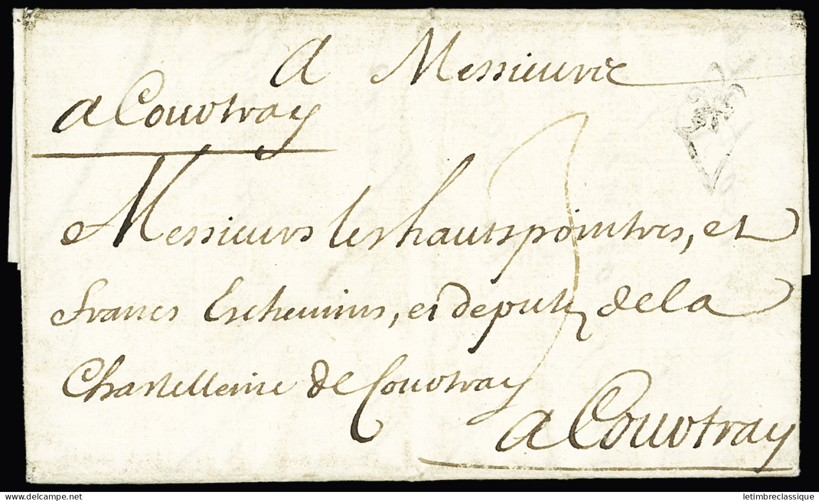 Lettre Valenciennes : Lettre Avec "V" Orné D'une Fleur De Lys De Valenciennes (L N°3 - 1711) Ex Collection Lenain - Cert - 1849-1876: Periodo Clásico