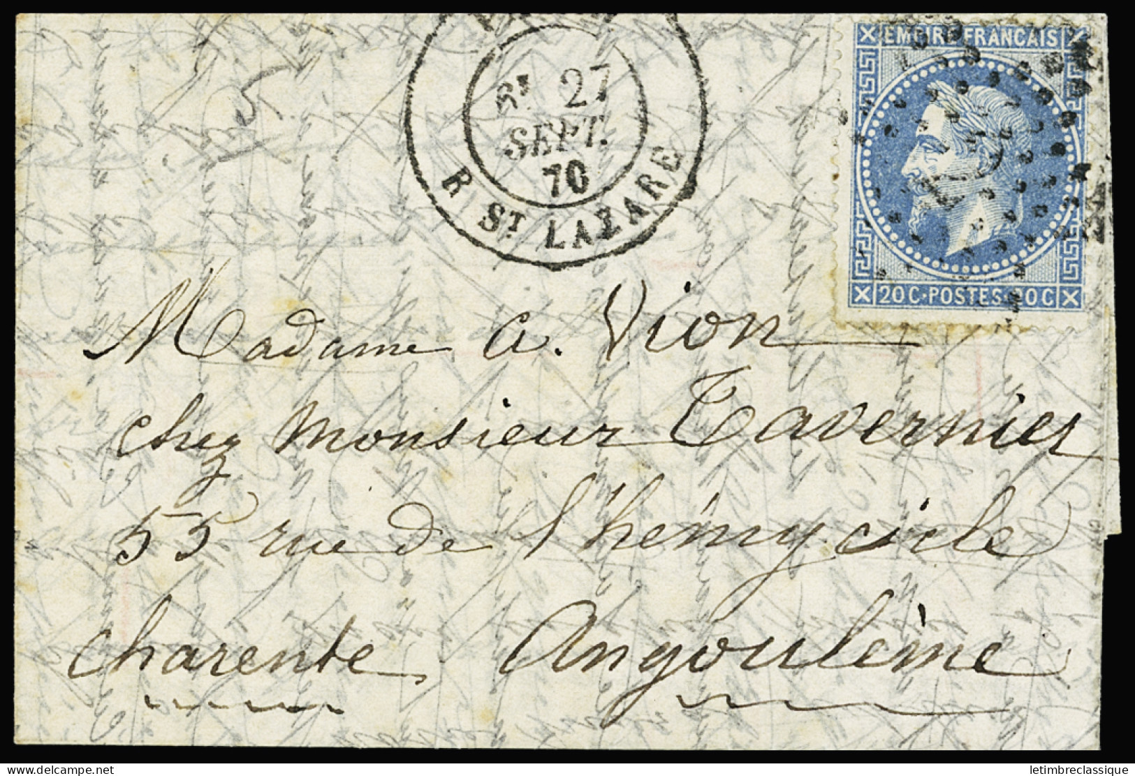 Lettre LES ETATS-UNIS N°29 20c Bleu, Obl. étoile 2 Et CàD Paris/rue Saint-Lazare 26 Sept. 1870 Pour Angoulême (Charente) - Guerre De 1870