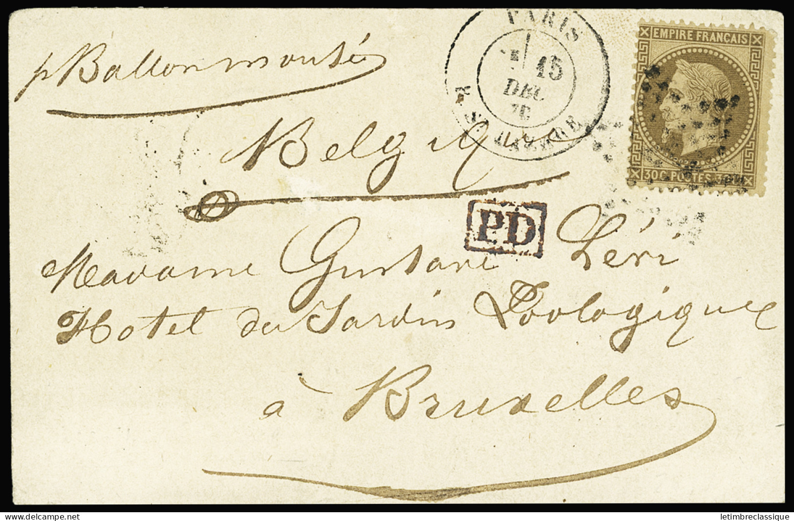 Lettre LE PARMENTIER N°30 Obl. étoile Sur Carte Postale De Paris R. St Lazare 15.121870 Pour La Belgique, Càd D'arrivée  - Krieg 1870