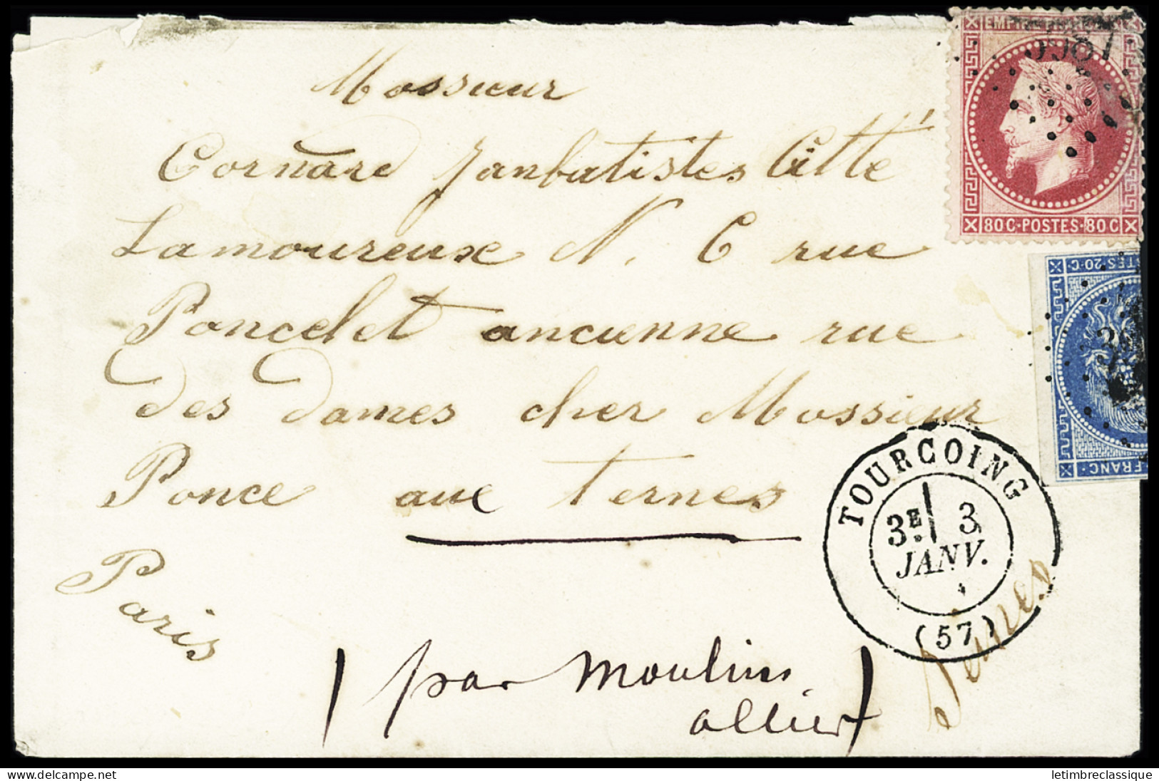 Lettre N°45    Replié + N°32 OBL PC DU GC 3987 (RR) + T17 Tourcoing (Nord) (3 Janv 71) Sur Lettre Par Boule De    Moulin - Guerre De 1870