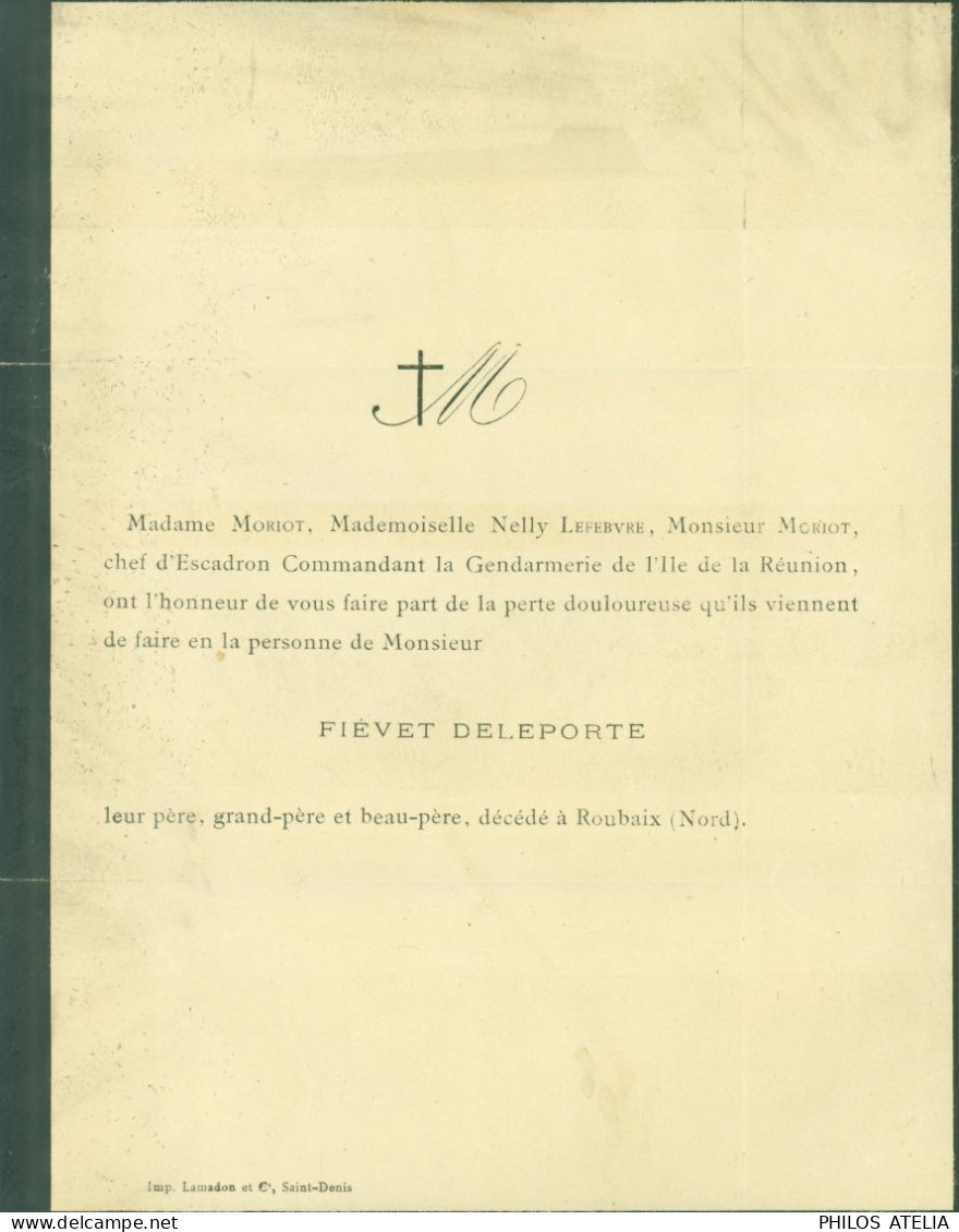 La Réunion Faire Part Deuil édit Imp Lamadou & Cie St Denis Beau-père Chef D'escadron La Gendarmerie YT Colonie N°49 - Brieven En Documenten