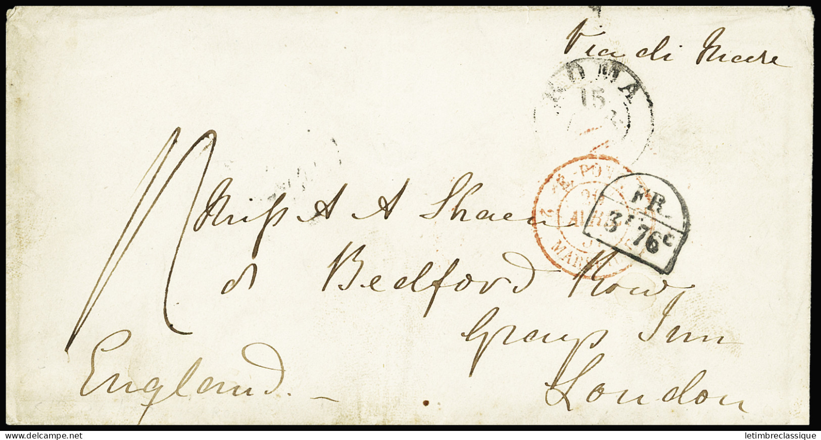 Lettre Lettre De Rome Pour Londres (1857) Avec Marque D'échange "Fr 3F76c". TB - Correo Marítimo