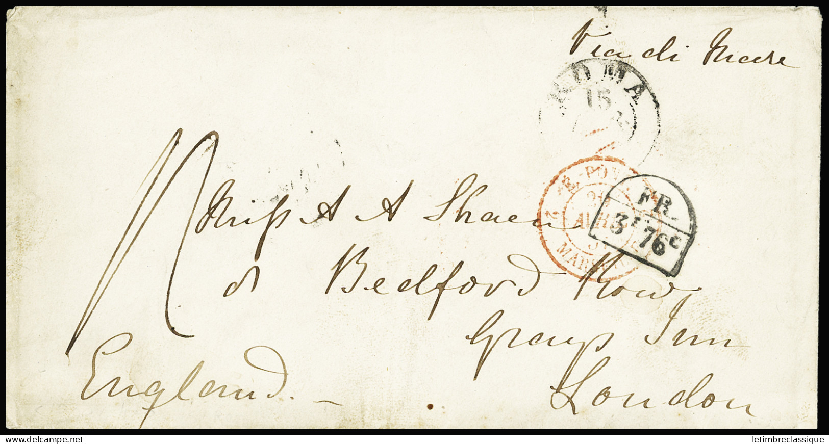 Lettre Lettre De Rome Pour Londres (1857) Avec Marque D'échange "Fr 3F76c". TB - Schiffspost