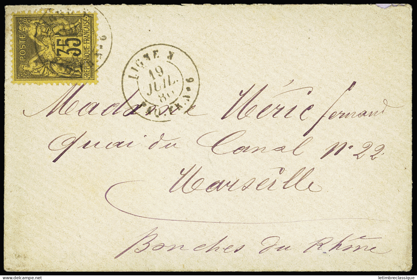 Lettre N°93, 35c Sage Violet Sur Jaune OBL CAD Rond "Ligne N Paq. FR. N°6" (1880) Sur Lettre Pour Marseille. Rare Et TB - Maritieme Post