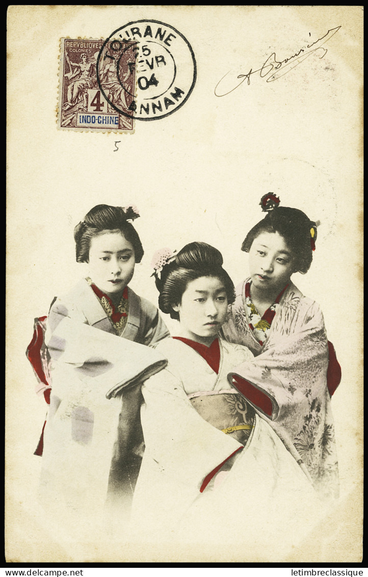 Lettre Indochine N°5 + 22 OBL CAD "Tourane Annam" (1904) Sur Carte Postale Aquarellée (3 Femmes Japonaises). TB - Briefe U. Dokumente