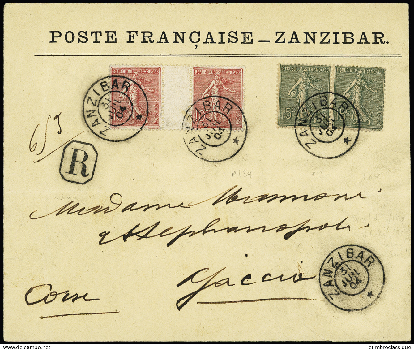 Lettre France N°129 En Paire Interpanneau + N°130 En Paire OBL CAD "Zanzibar" (31 Juil 1904 - Dernier Jour D'existence D - Brieven En Documenten