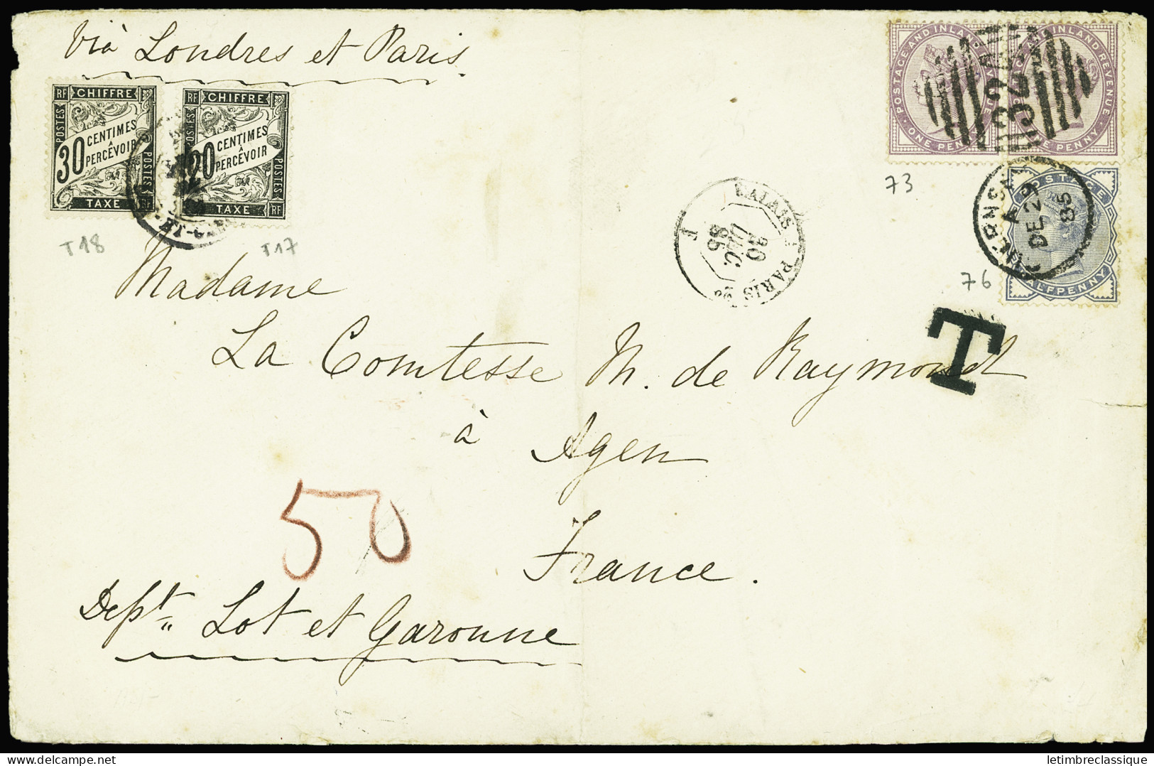 Lettre Grande-Bretagne N°73 En Paire + 76 OBL Duplex 324 + CAD Guernsey (1885) Sur Lettre Pour Agen Avec Timbres-taxe 17 - Marcofilie