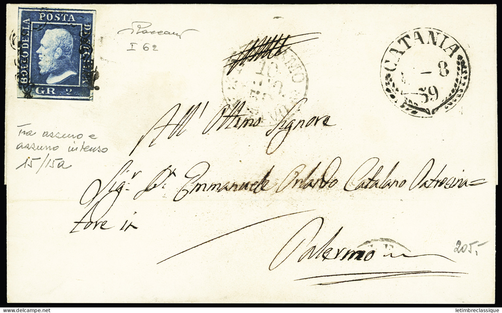 Lettre Silicie 1859 2 Gr. Bleu, Nuance Assez Foncé, Planche I, Sur Lettre De Catane (1-8-59) Pour Palerme, TB - Autres - Europe