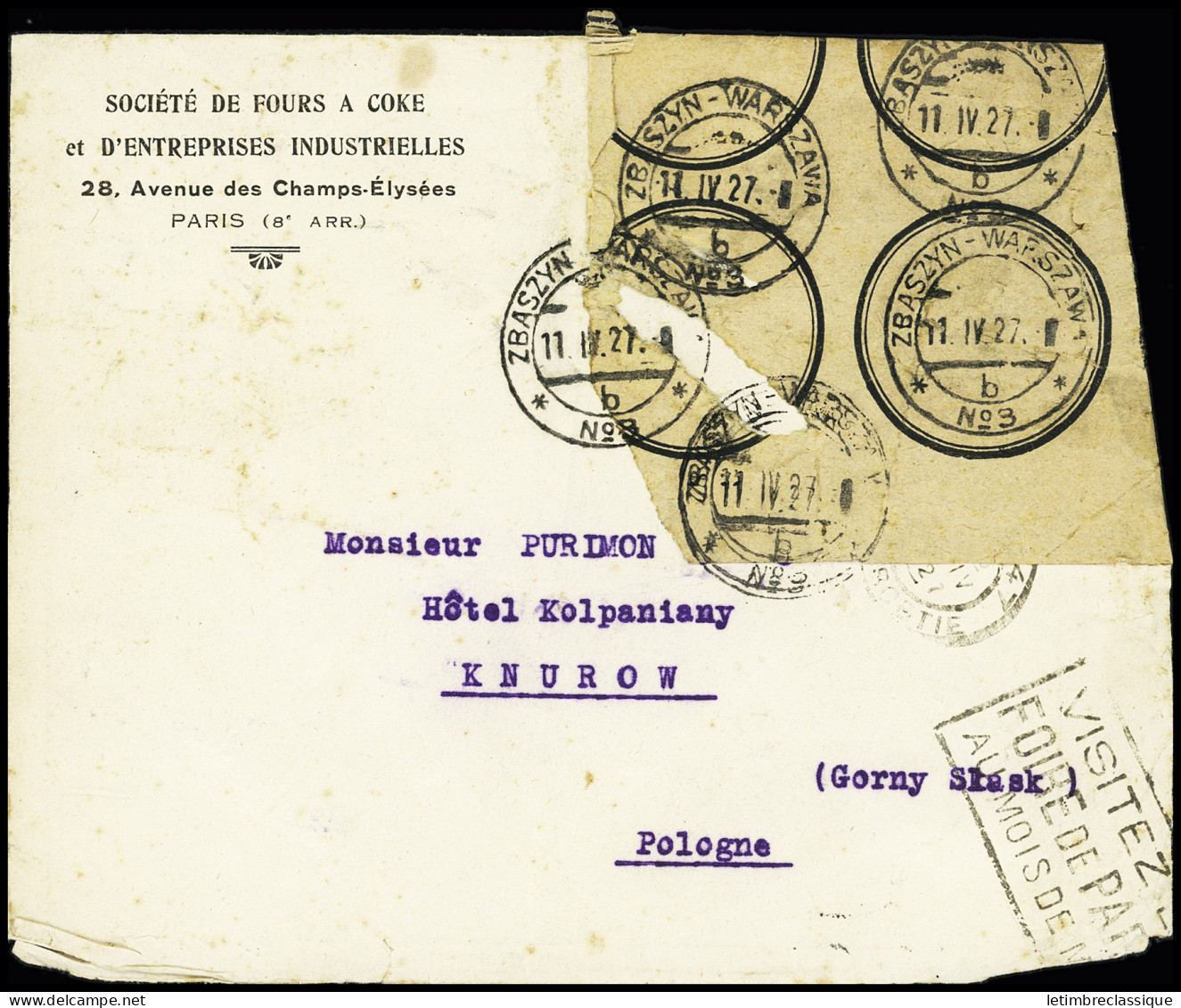 Lettre 1927 Cover From France To Knurow, Damaged In Transit And Repaired With Polish Post Labels And "Zbaszyn-Warszawa"  - Sonstige & Ohne Zuordnung