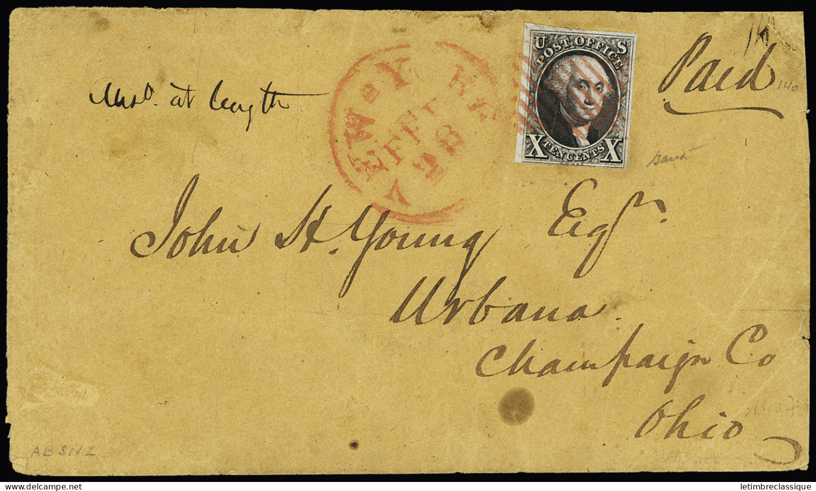 Lettre 1847 10c Black On Bluish, Clear To Good Margins, Rich Deep Shade, Tied By Red Rectangle Of Bars On Small Envelope - Sonstige & Ohne Zuordnung