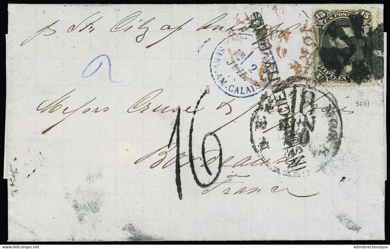 Lettre 1866 15c Black Tied By Mute Cancel On Entire Folded Cover From New York (June 20, 1868) To Bordeaux, Carried On " - Andere & Zonder Classificatie