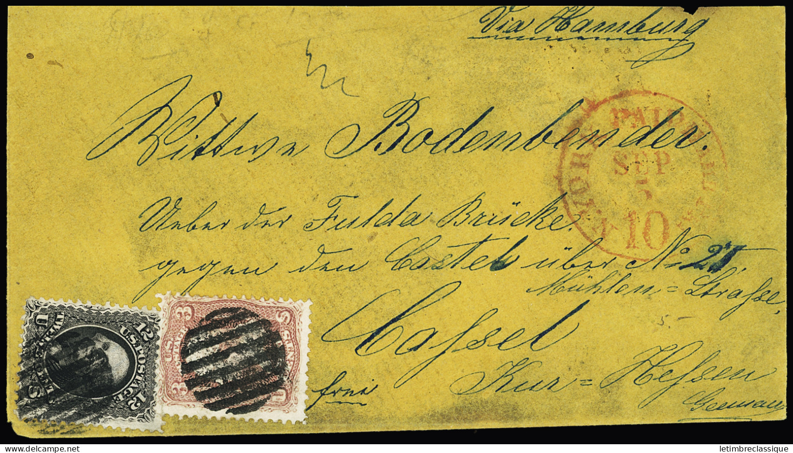 Lettre 1866 15c Black And 1861-62 3c Rose Tied By Circle Of Bars On Envelope From New York (SEP 3, 1868) To Cassel In Ge - Autres & Non Classés