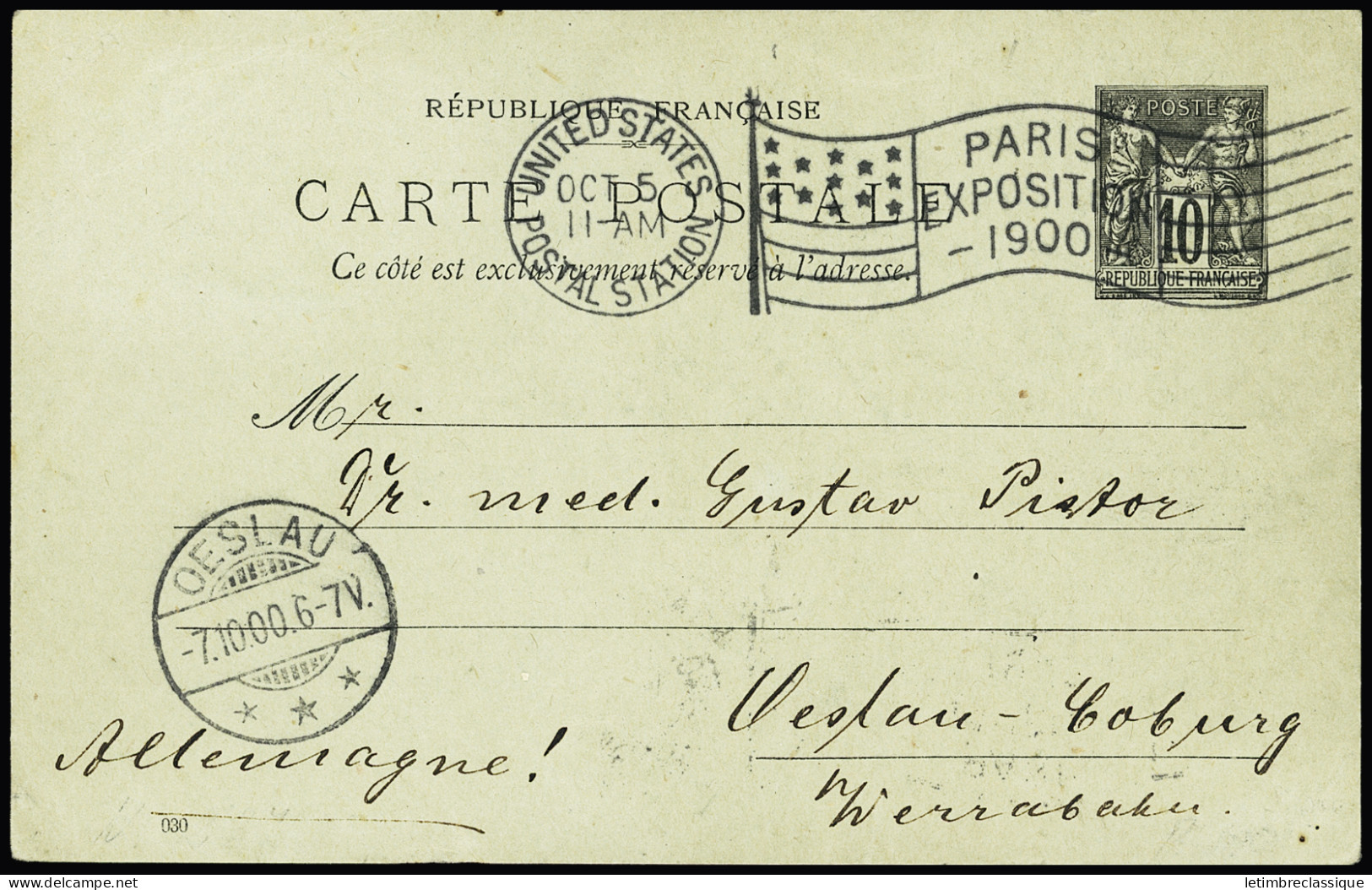 Lettre 1900 5c & 10c Postal Stationery Cards Cancelled By PARIS EXPOSITION 1900 UNITED STATES POSTAL STATION "Flag" Pmk, - Sonstige & Ohne Zuordnung