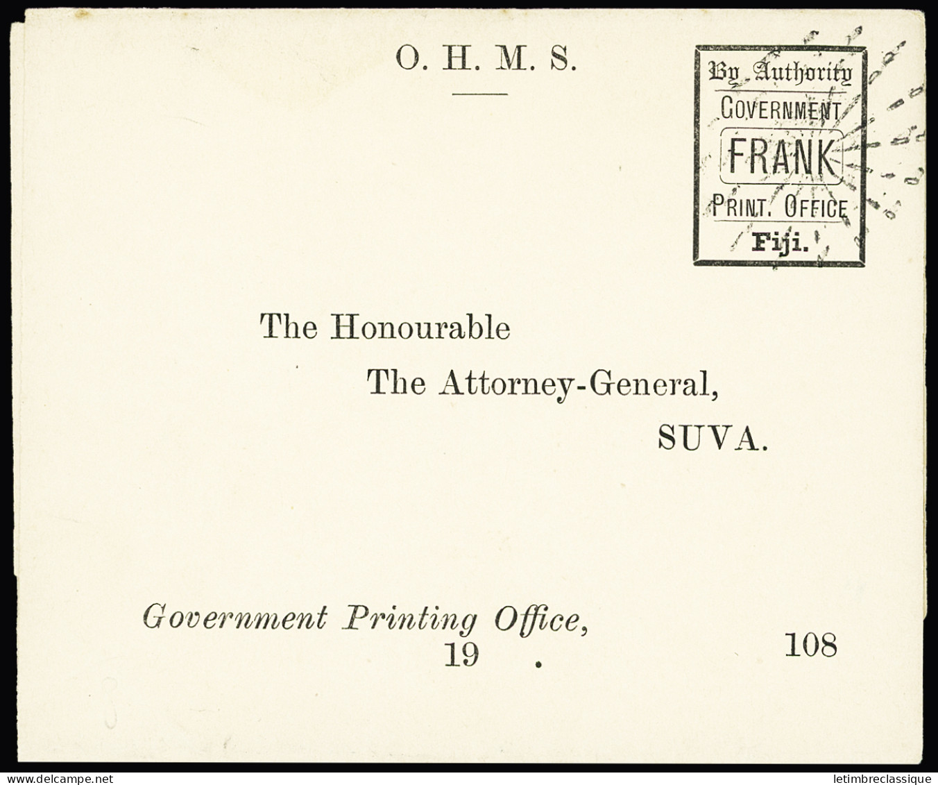 Lettre OHMS Free Frank Postal Stationery Wrapper Used To Attorney-General In Suva, Very Fine, Scarce - Fidji (1970-...)