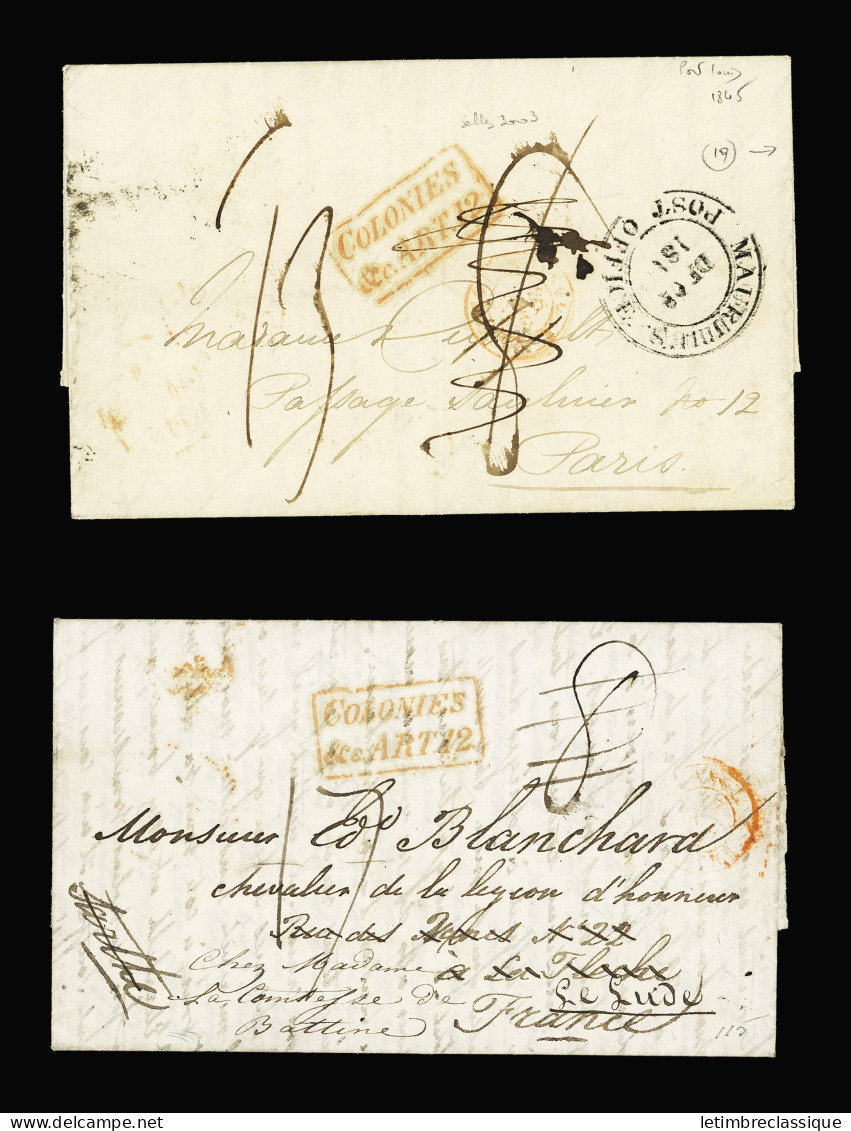 Lettre 2 LST Avec Marque Encadrée Rouge "Colonies Art 12" Dont L'une Avec Grand CAD "Mauritius Post Office" (1845). TB - Mauritius (1968-...)