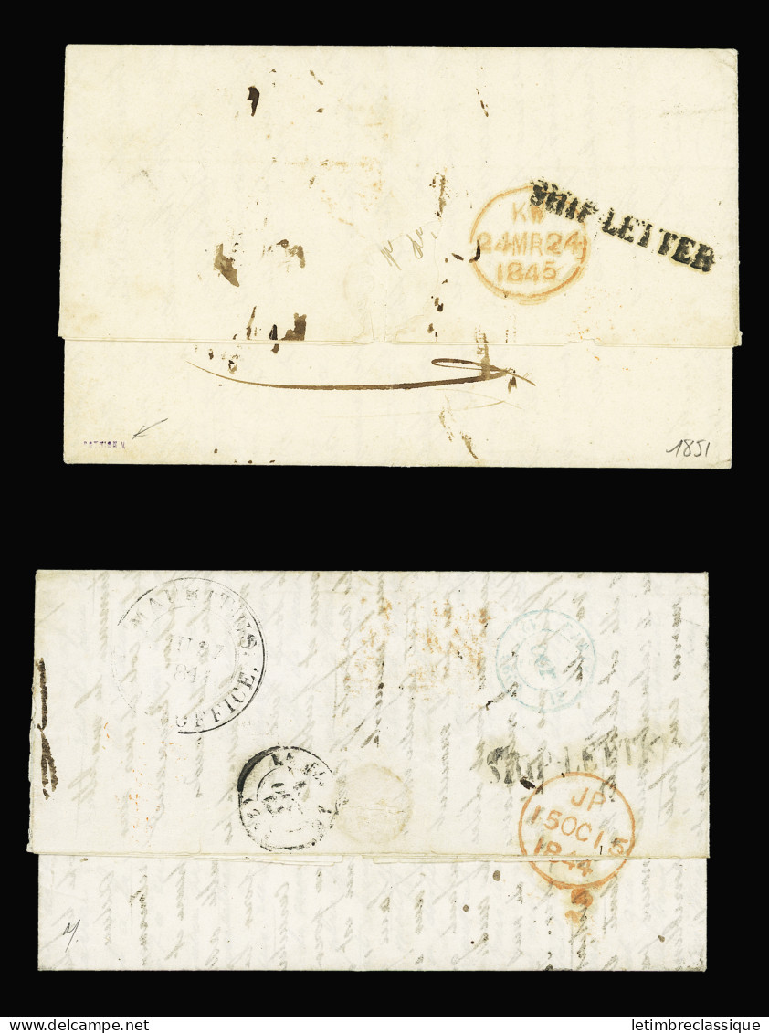 Lettre 2 LST Avec Marque Encadrée Rouge "Colonies Art 12" Dont L'une Avec Grand CAD "Mauritius Post Office" (1845). TB - Maurice (1968-...)