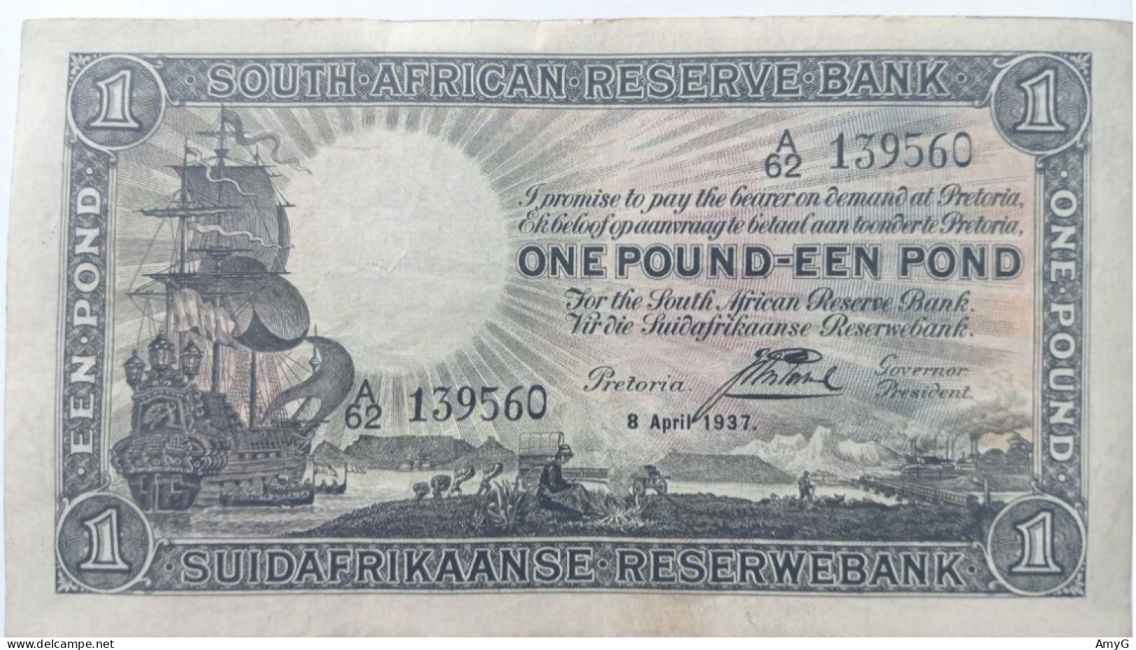 1937 South Africa 1 Pound Note ( VF+ To EF ) - Suráfrica