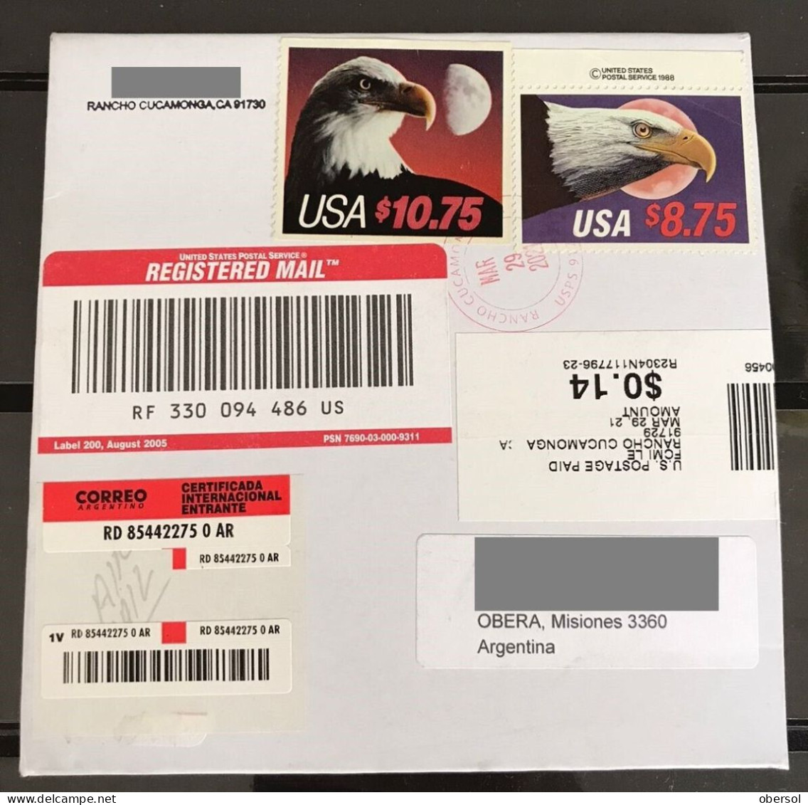 United States To Argentina 2021 Registered Cover With 2 Eagle-Moon Stamps $$$ - Cartas & Documentos