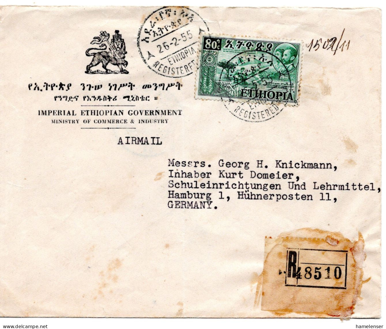 70527 - Äthiopien - 1955 - 80c Haile Selassie EF A R-Bf REGISTERED A.A. -> HAMBURG (Westdeutschland) - Ethiopie